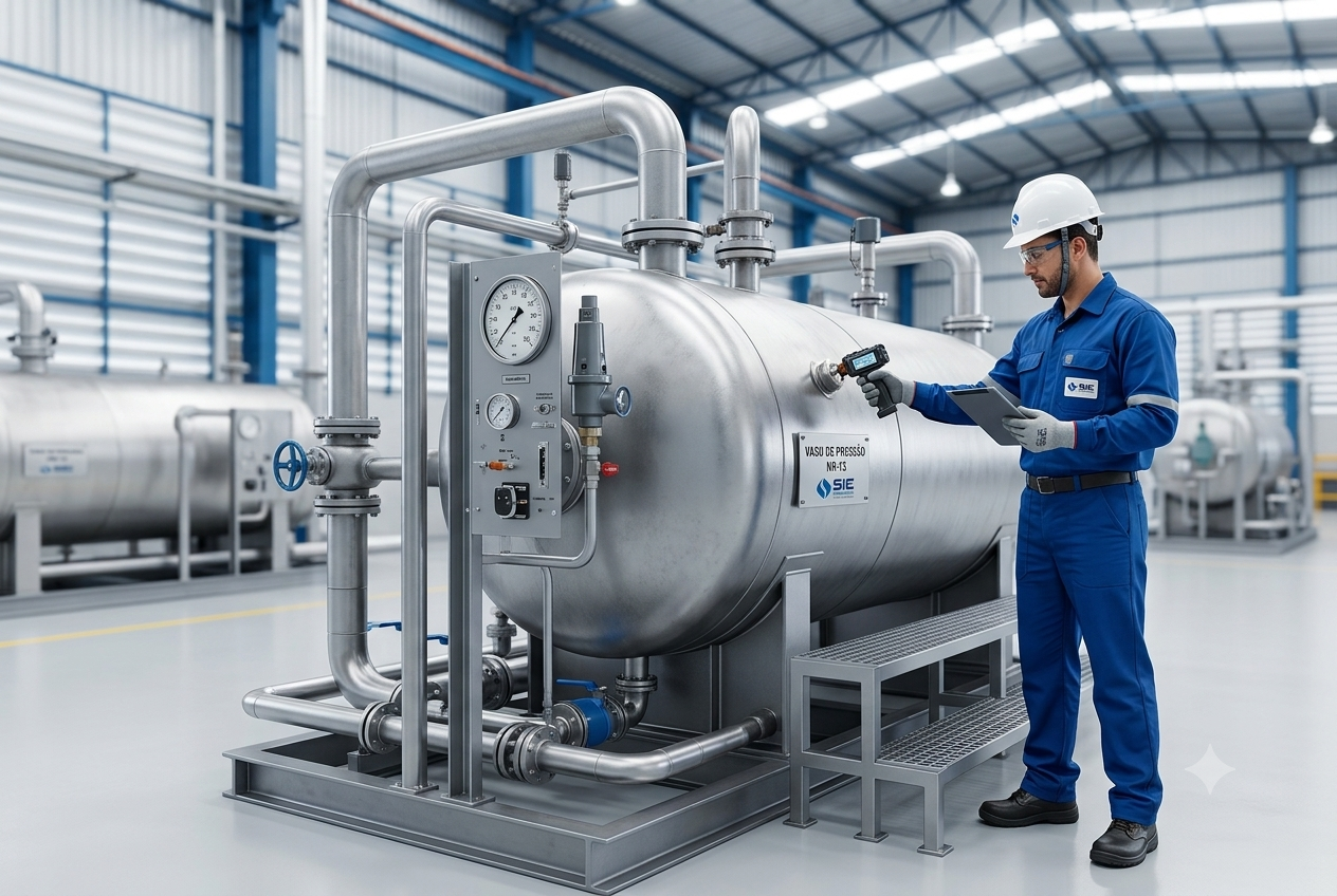 Engenheiro realizando inspeção em vaso de pressão industrial NR-13
