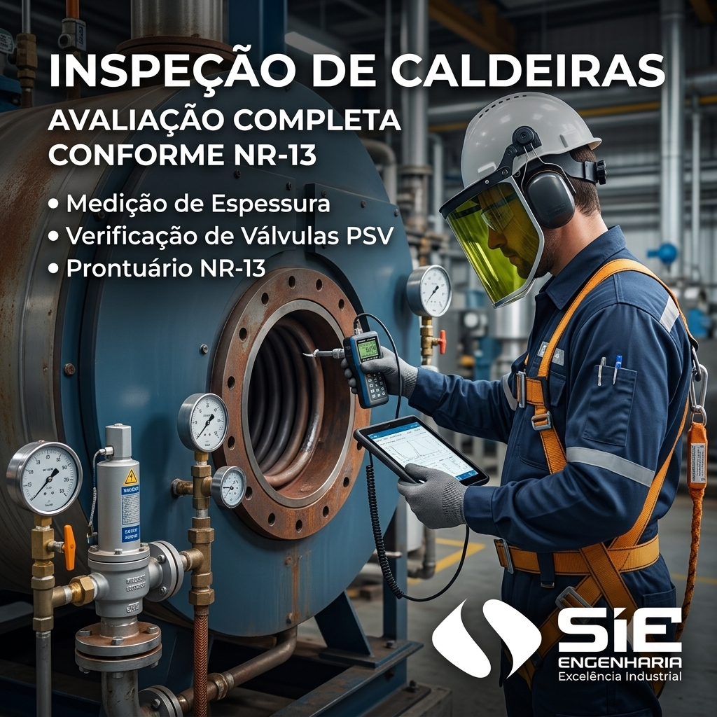 Equipe técnica realizando inspeção NR-13 em tubulação industrial