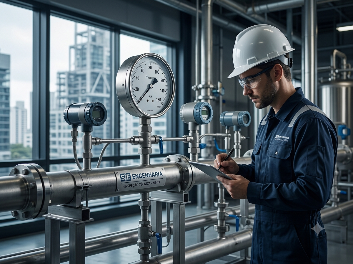 Manômetro e instrumentação industrial durante teste de estanqueidade NR-13 em São Paulo