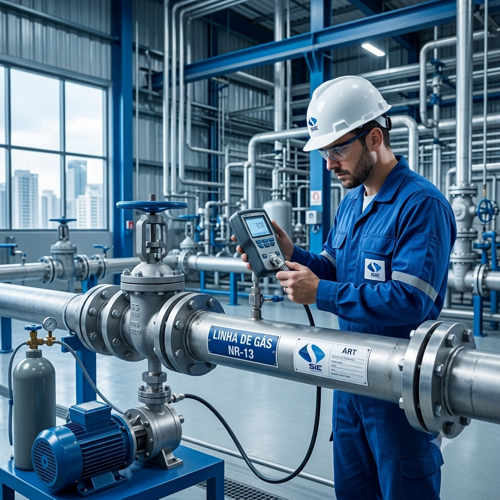 Engenheiro realizando teste de estanqueidade em tubulação industrial com manômetro em São Paulo