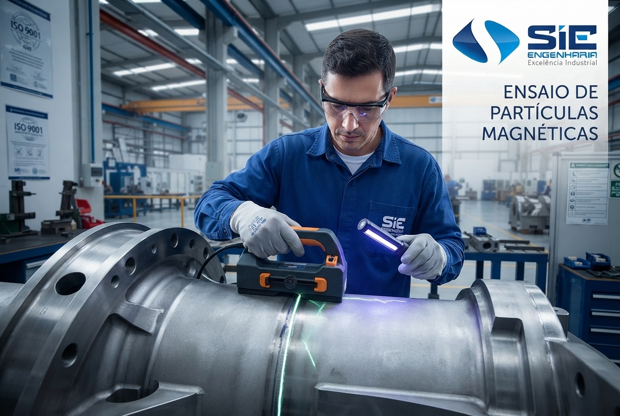 Ensaio de partículas magnéticas em componente metálico para inspeção industrial
