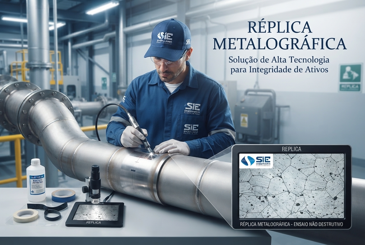 Réplica metalográfica em componente metálico para análise de microestrutura