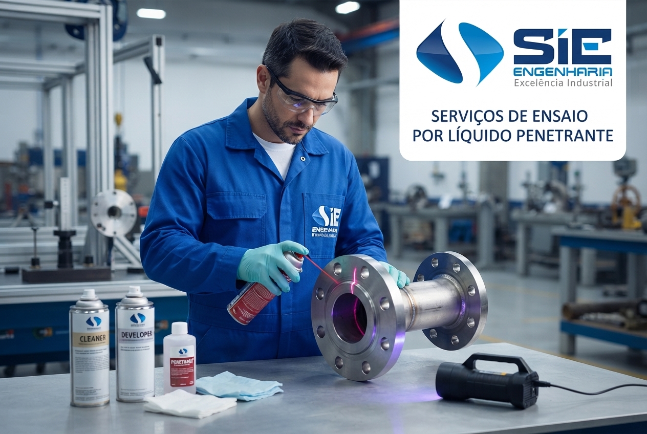 Ensaio de líquido penetrante em componente metálico para inspeção industrial